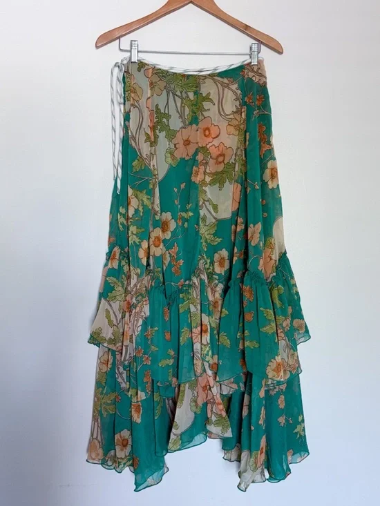 NWT Free People Palermo Villa Chiffon Maxi Skirt in Emerald Combo Size 6 - Picture 3 of 7